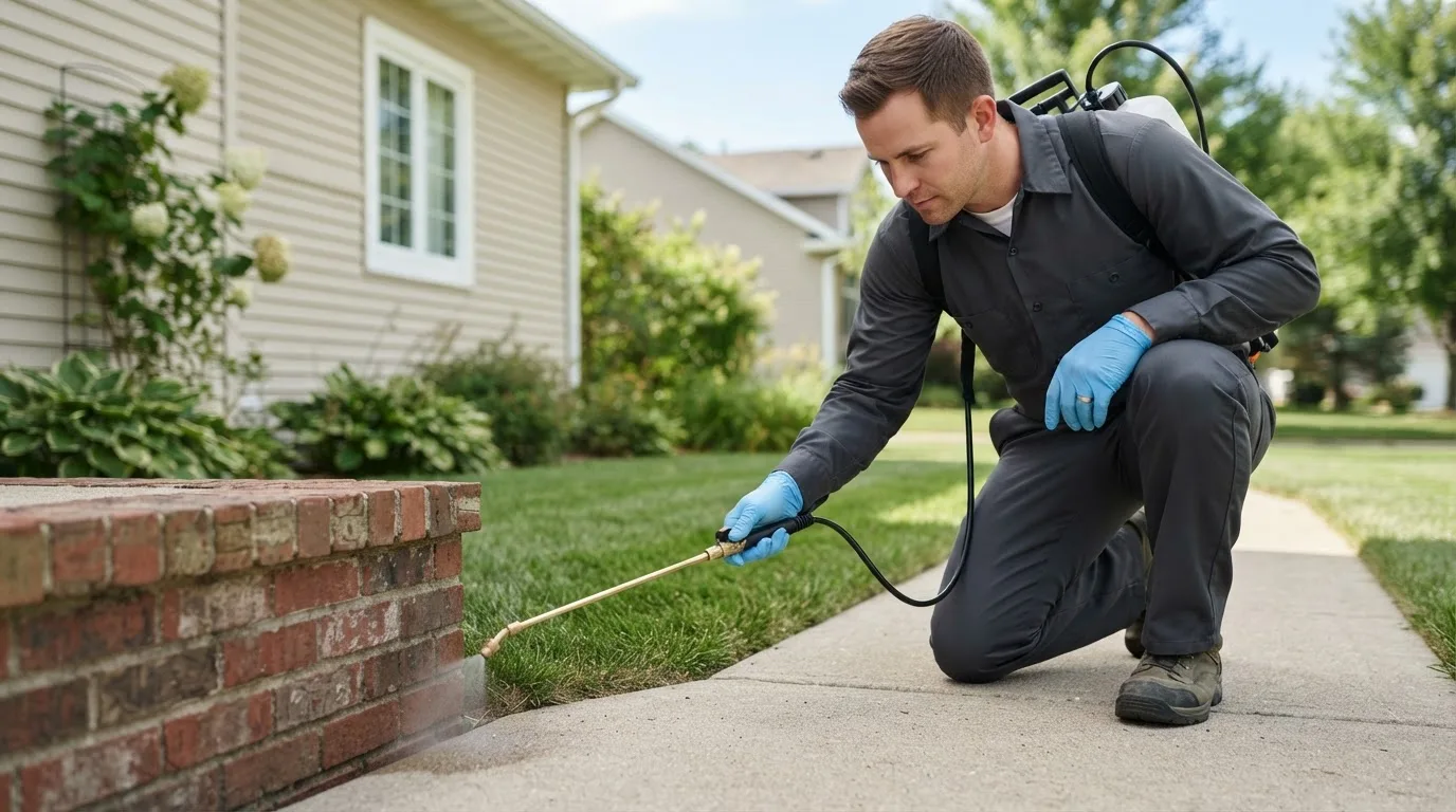 Pest control technician treating a home near Butler, OH